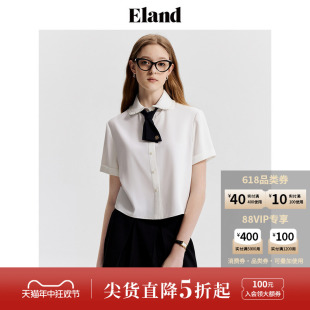 Eland衣恋白色短袖衬衫女蝴蝶结领带雪纺衫上衣2024夏季新款