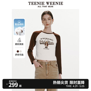 TeenieWeenie小熊女装长袖T恤2024春装新款美式撞色插肩袖打底衫