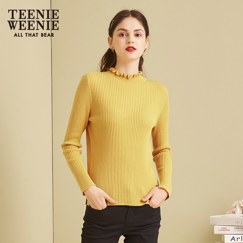 TeenieWeenie小熊冬女装木耳边半高领毛衣打底针织衫修身显瘦