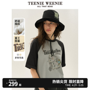 TeenieWeenie小熊女装2024年夏季新款棉质插肩袖截短型短袖T恤女