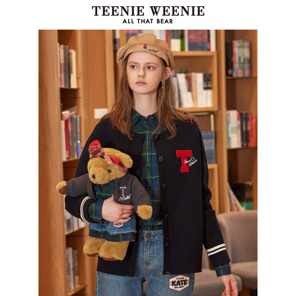 TeenieWeenie小熊2019冬季新款女装字母毛衣针织衫开衫短款外套