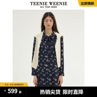 TeenieWeenie小熊2024年柔软雪纺百褶满印衬衫连衣裙气质长裙宽松