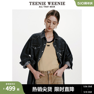 TeenieWeenie小熊女装2024春装新款黑色休闲牛仔衬衫复古外套上衣