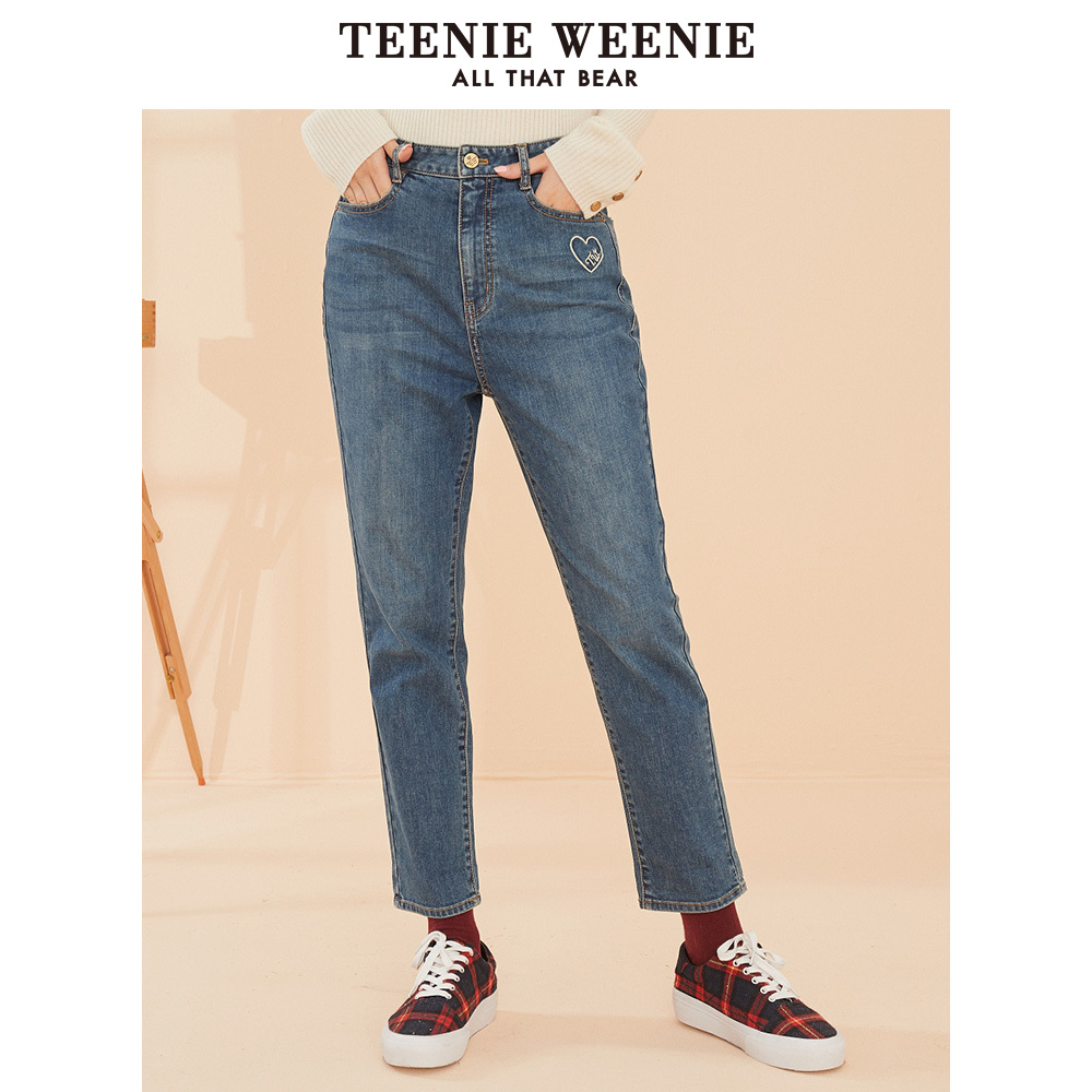 TeenieWeenie小熊2019冬季新款女装心型字母牛仔裤直筒裤小脚裤