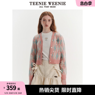 TeenieWeenie小熊春装复古时尚菱形格纹毛针织开衫保暖女