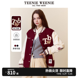 TeenieWeenie小熊女装冬季红色棒球服撞色外套复古学院风上衣