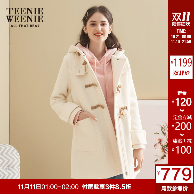 【预售】TeenieWeenie小熊女装牛角扣毛呢外套休闲中长款呢子大衣