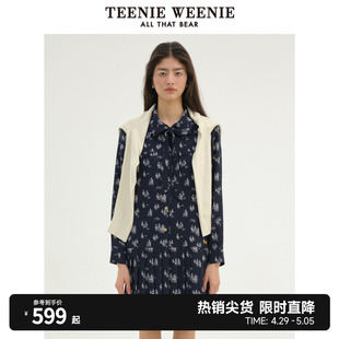 TeenieWeenie小熊2024年柔软雪纺百褶满印衬衫连衣裙气质长裙宽松