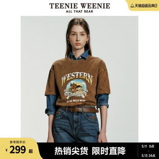 TeenieWeenie小熊女装2024春装新款美拉德宽松做旧水洗短袖T恤女