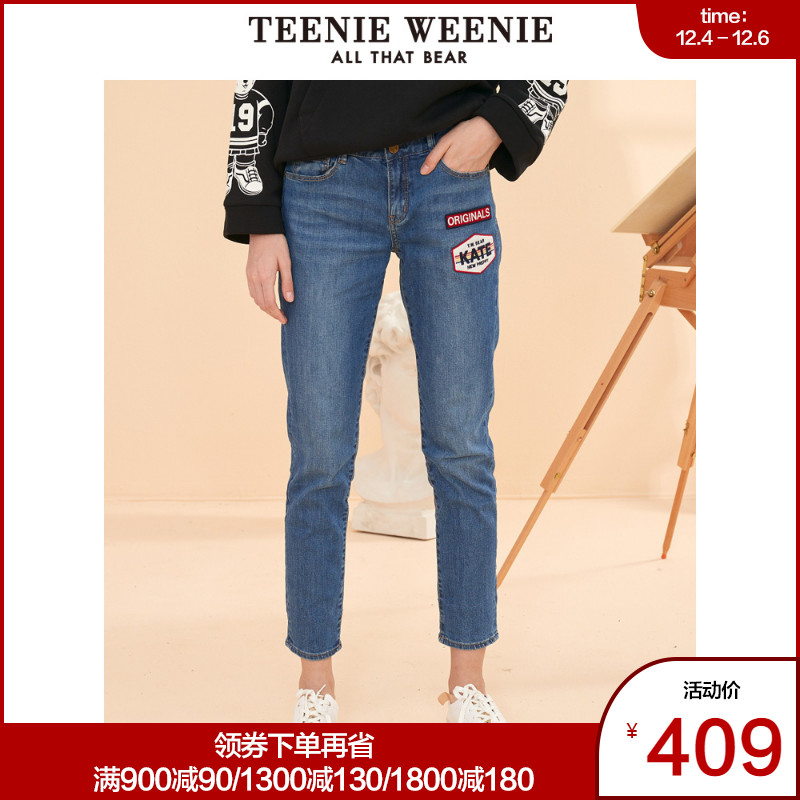 TeenieWeenie小熊2019冬季新款女装牛仔裤直筒裤小脚裤裤子