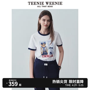 TeenieWeenie小熊2024年夏季新款圆领短袖T恤白色宽松韩版女上衣