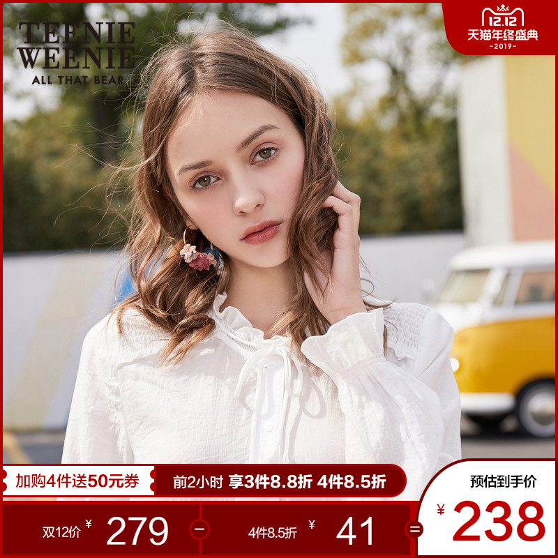TEENIEWEENIE小熊2019春季新款女装木耳边领口长袖宽松衬衫