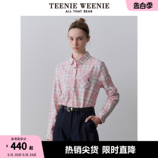 TeenieWeenie小熊2024春季新款学院风粉色撞色格纹衬衫长袖上衣女