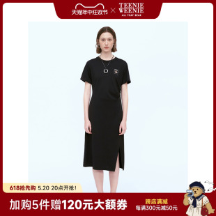 TeenieWeenie小熊女装2024新款夏装设计感收褶短袖收腰长款连衣裙