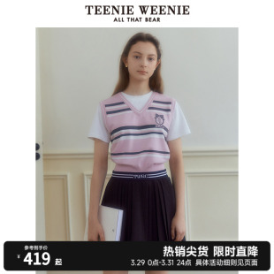 TeenieWeenie小熊2024年夏季新款假两件学院风针织短袖薄款T恤女