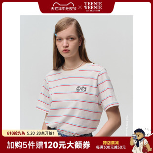 TeenieWeenie小熊&芝麻街联名2024新款休闲通勤撞色条纹圆领T恤女