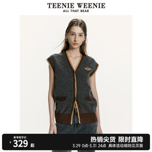 TeenieWeenie小熊女装2024早春新款学院风宽松撞色毛针织马甲开衫