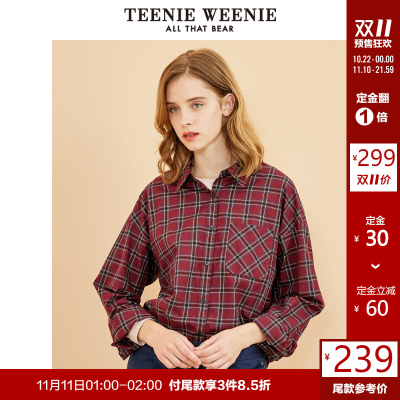 【预售】TeenieWeenie小熊2019秋季新款女装翻领长袖格纹格子衬衫