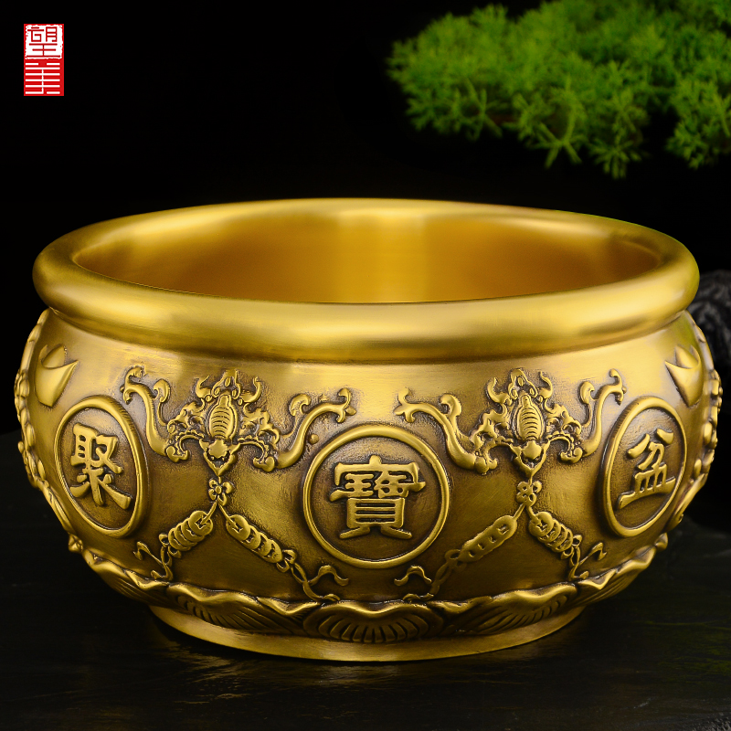 纯铜聚宝盆摆件黄铜招财存钱罐客厅家用实心加厚铜盆铜缸大号铜器