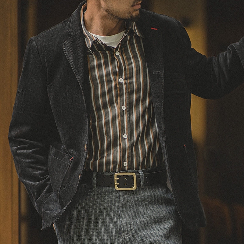 马登工装美式复古灯芯绒平驳翻领西装单排扣条绒夹克口袋外套男秋