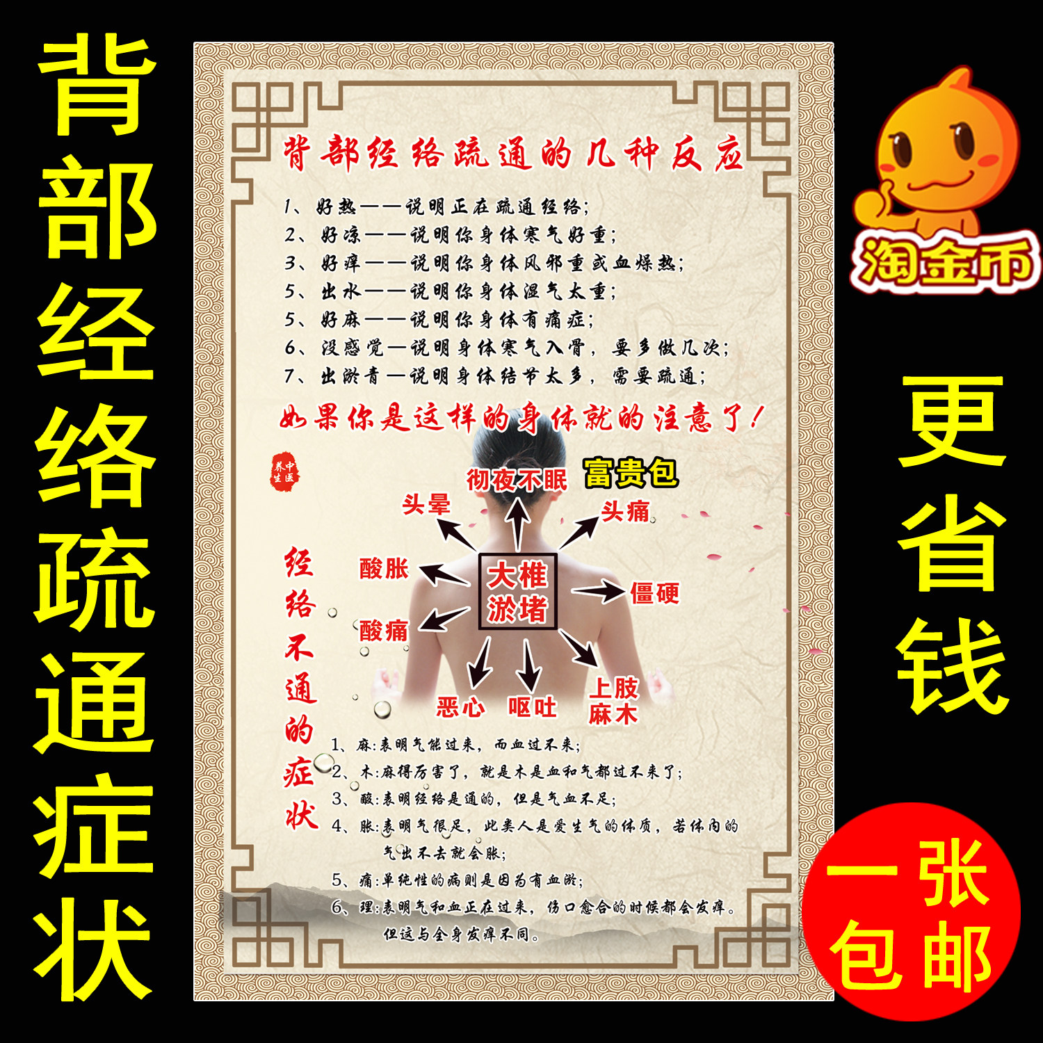 中医养生馆背部经络疏通好转反应挂画 经络不通症状简介宣传海报