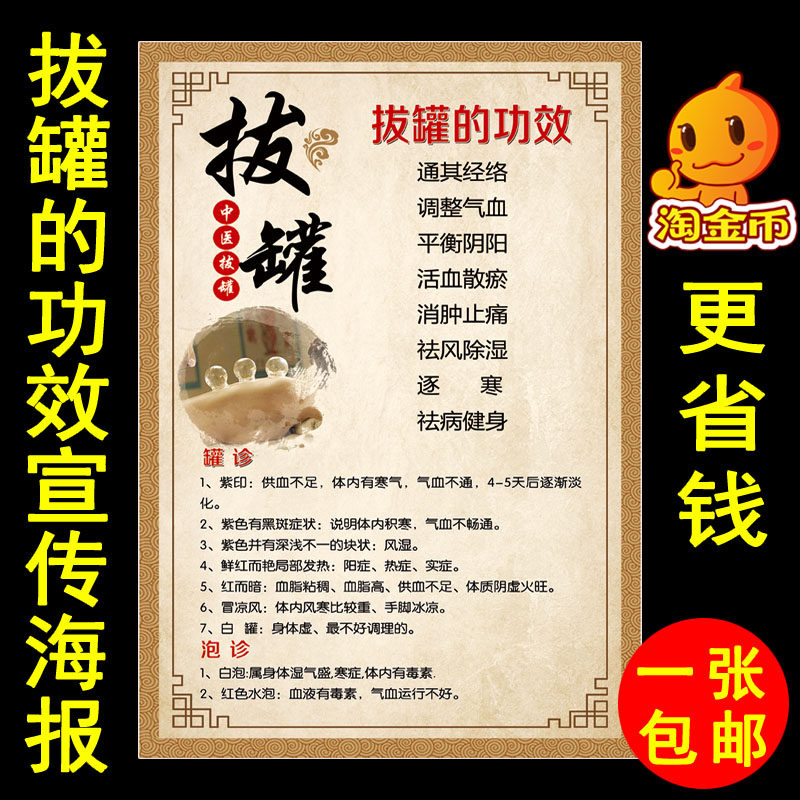 中医养生馆拔罐的功效知识宣传海报美容院罐印的解释广告图自粘画