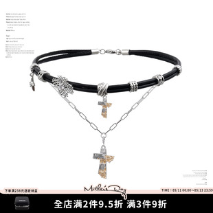 SUMIYAKI金箔灰烬系列十字架双层皮革叠戴项链小众个性多层锁骨链