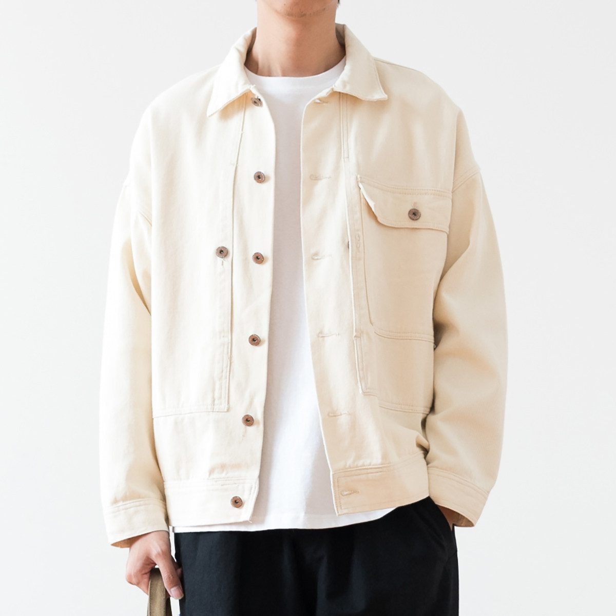 友町  日系复古米白色原胚牛仔翻领夹克男潮短款外套青年