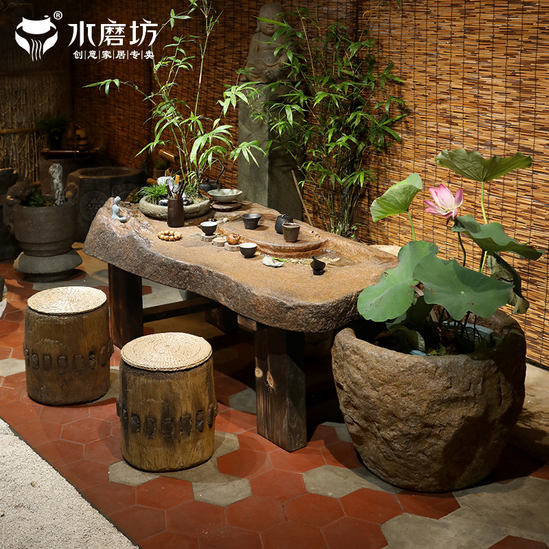 中式庭院循环流水茶桌椅组合户外禅意