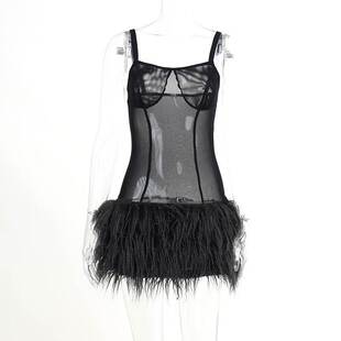 Mesh Wool Hem Strap Dress 性感网纱短裙毛毛拼接下摆吊带连衣裙