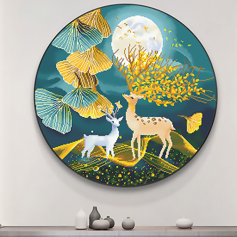 发财鹿十字绣2022年新款线绣客厅玄关轻奢银杏叶麋鹿小件手工满绣