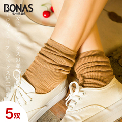5双装宝娜斯棉糖果色复古堆堆袜韩国秋冬双针竖条文艺女士棉袜