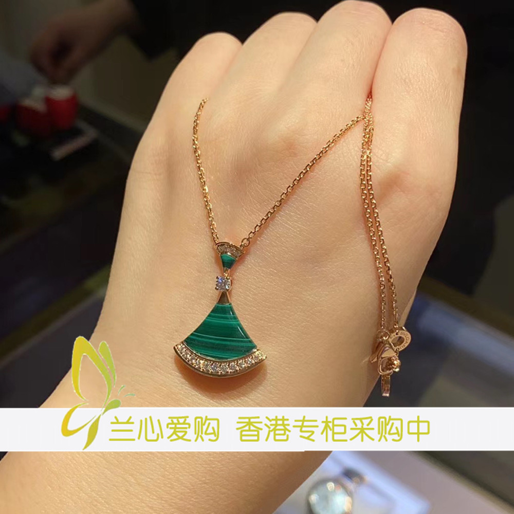 香港代购 bvlgari宝格丽绿扇子项链白贝母镶钻18k玫瑰金扇形吊坠