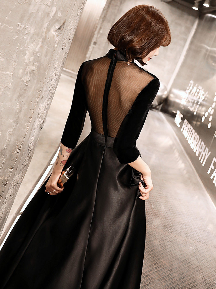 晚礼服裙2021新款宴会高贵连衣裙长款深v领性感年会主持人礼服女