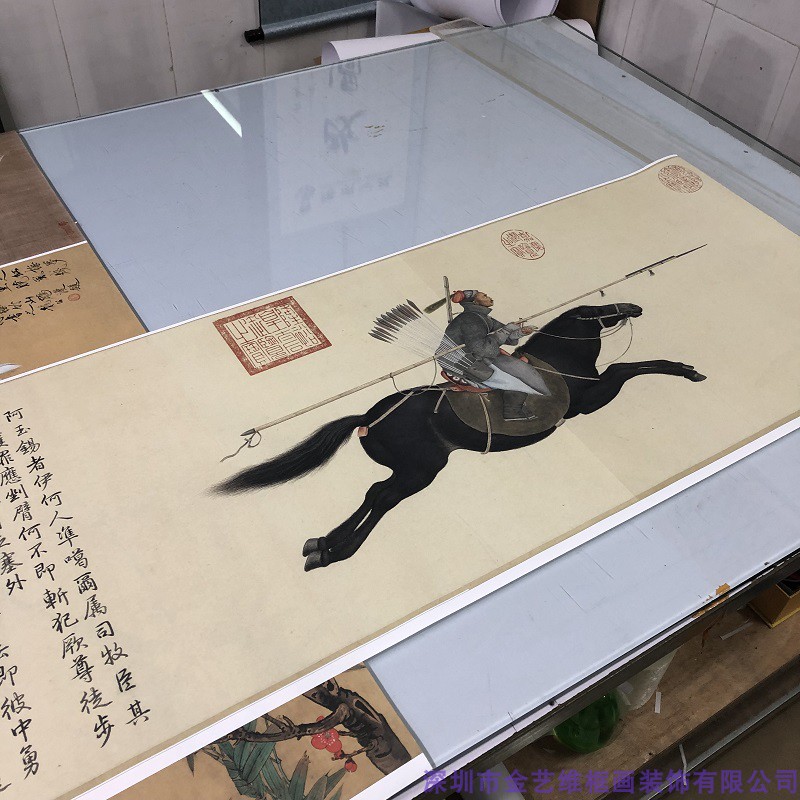 国画复制 郎世宁 阿玉锡持矛荡寇图绢布微喷战斗杀敌人物横幅挂画