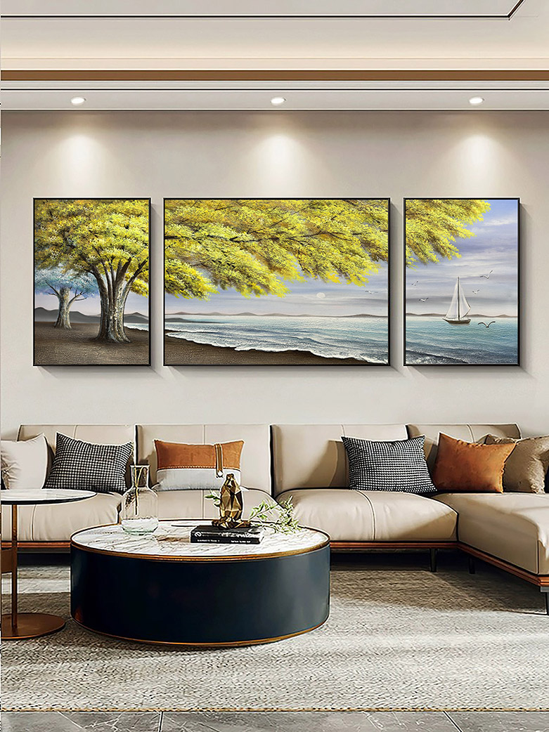 手绘油画横版三联发财树立体挂画客厅沙发背景墙现代简约肌理画