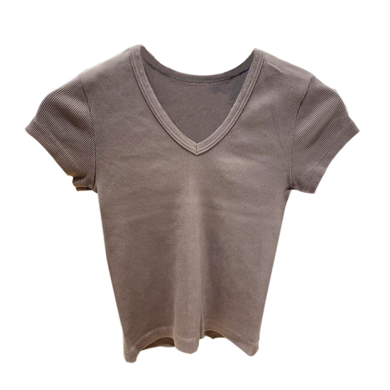 宋妍霏明星同款咖啡色v领修身显瘦t恤纯色青春短袖透气百搭上衣女