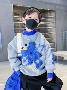 。男童秋冬针织半高领加绒卫衣2023新款儿童冬季洋气蓝色卡通上衣