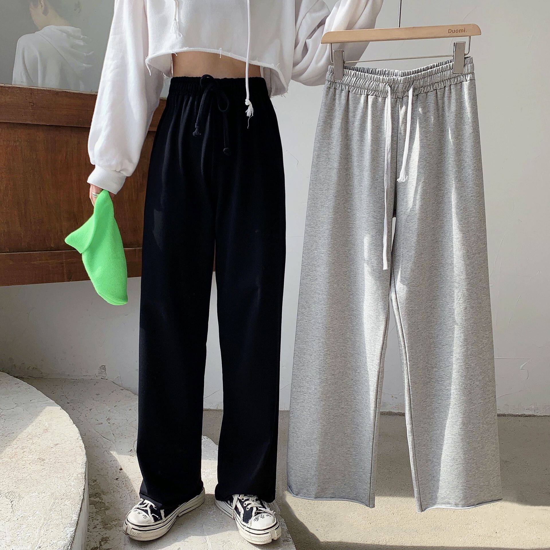 高腰松紧腰阔腿裤女2022春季新款韩版宽松显瘦休闲裤运动长裤女