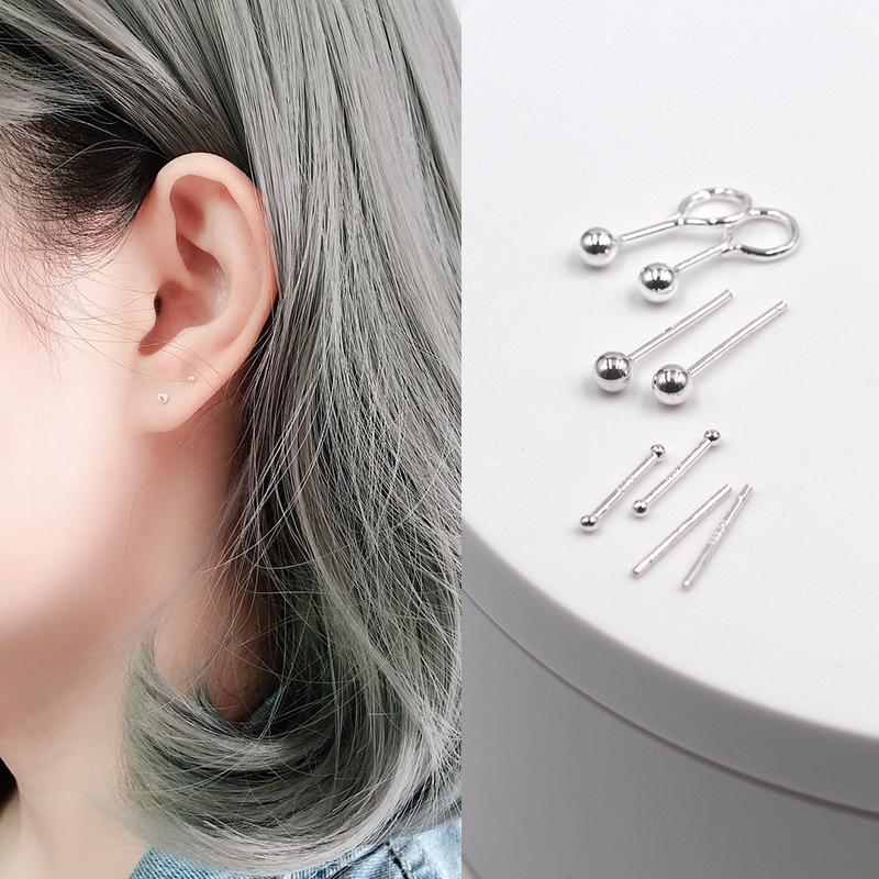 热卖s999纯银的耳钉圆珠耳棒女学生韩版可爱防过敏百搭耳骨钉足银