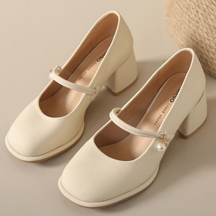 法式玛丽珍鞋女白色春季新款时尚高跟鞋不累脚粗跟复古气质女单鞋