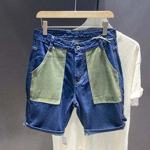 深蓝色工装牛仔短裤男夏季薄款弹力潮牌设计感大口袋潮流五分裤子