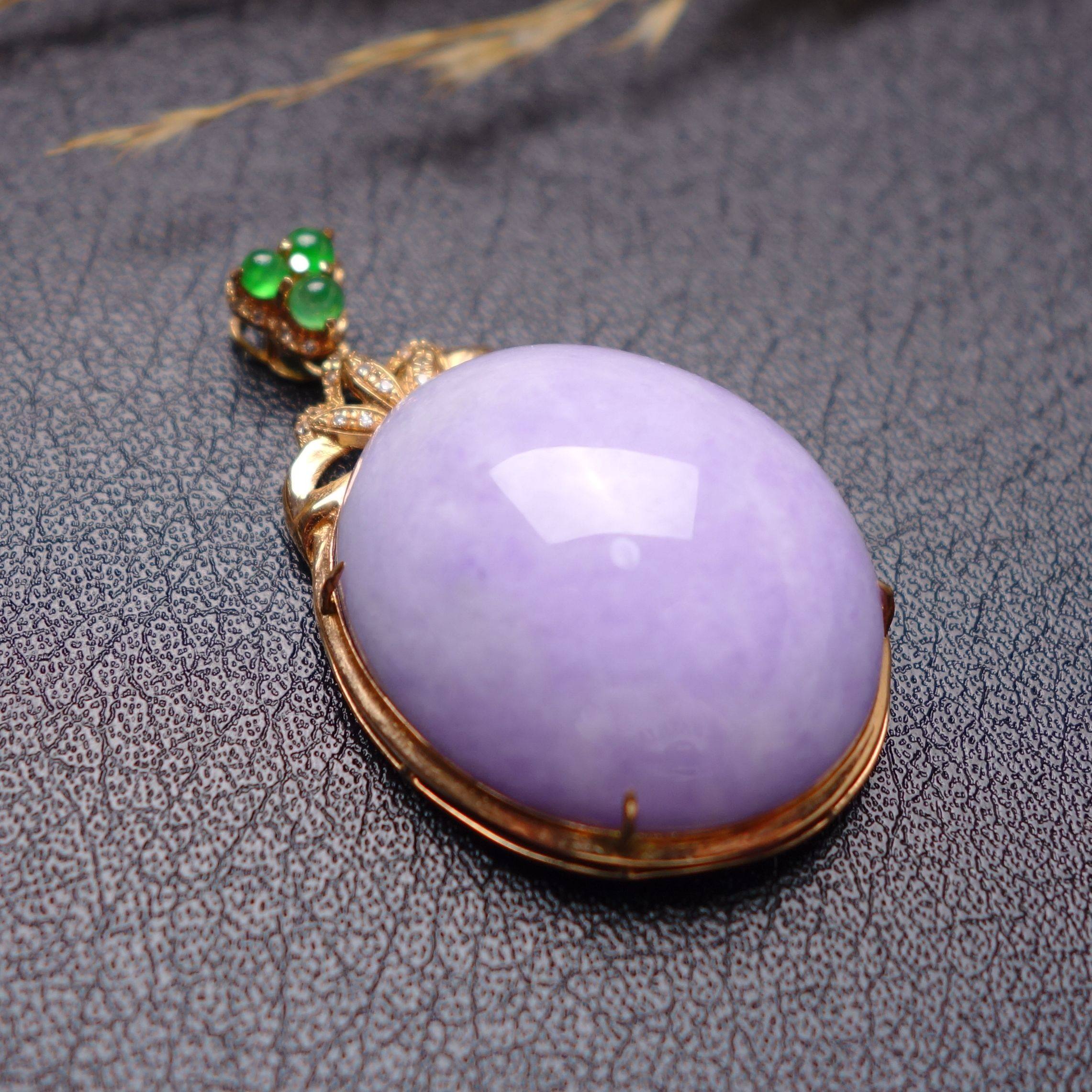 18k玫瑰金伴钻镶嵌天然翡翠a货紫罗兰吊坠 12.49克