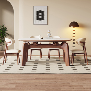 大象腿餐桌黑胡桃色法式中古实木岩板伸缩餐桌可变圆桌折叠小户型