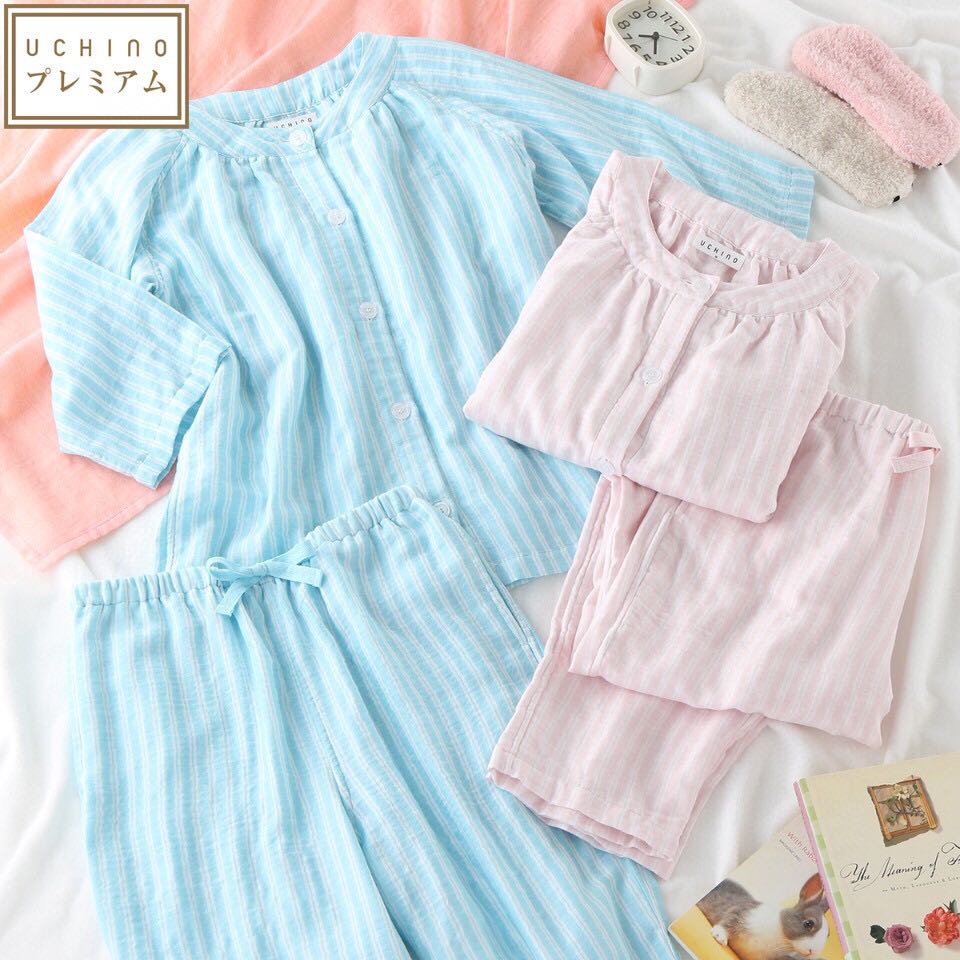 日式棉花糖三重纱女款家居服夏季圆领粉色条纹简约七分袖九分裤