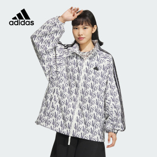 Adidas阿迪达斯女子外套春夏立领梭织防风满印运动休闲夹克JI9766