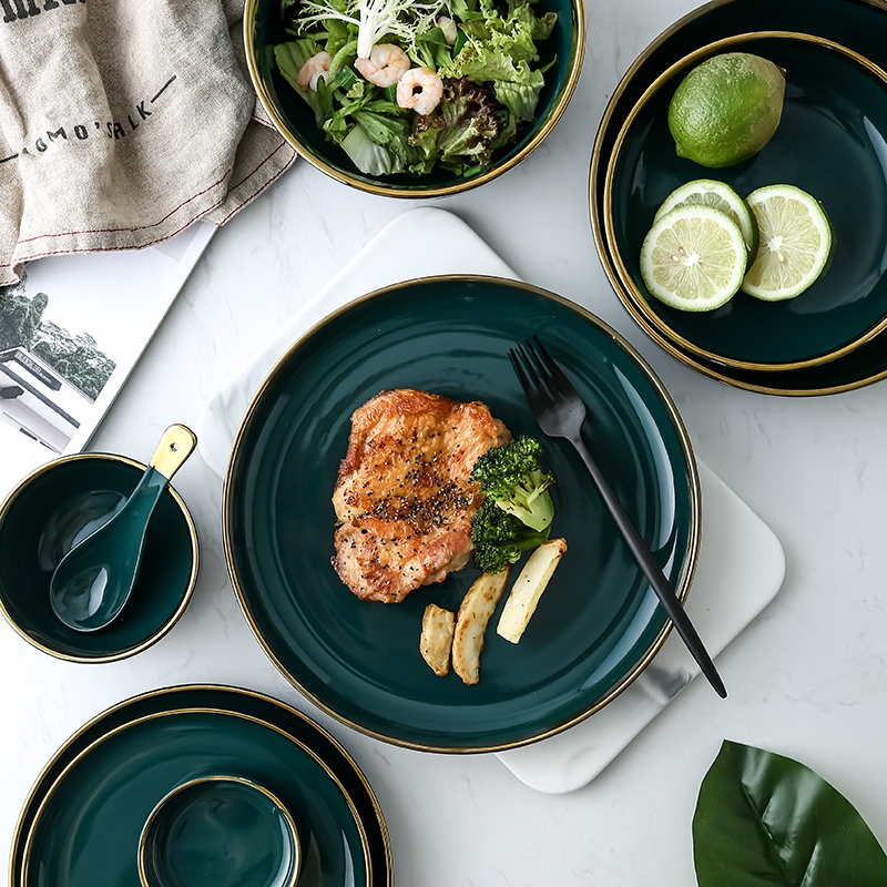 北欧创意金边色釉祖母绿陶瓷餐具套装家用酒店精致菜盘饭碗西餐盘