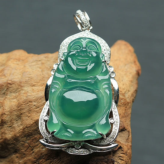 冠尚 冰种蓝水18k金伴钻镶嵌甸翡翠a货站佛吊坠 9.17克