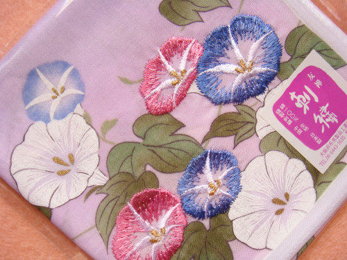 日本进口友禅刺绣牵牛花手帕女士全棉纯棉透明渐变绣花手绢新品