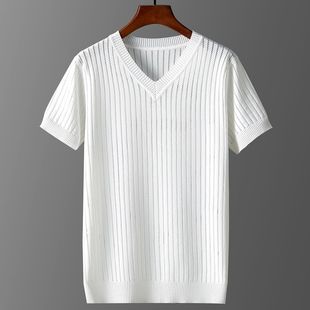镂空V领短袖韩版夏季新款加肥加大男士薄款针织衫半袖上衣T恤